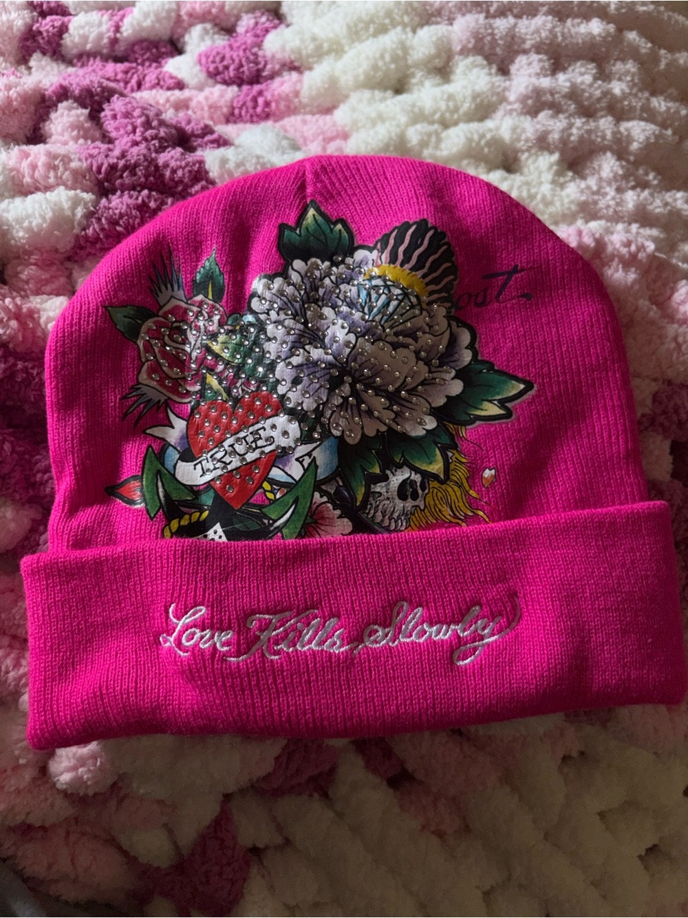 Ed Hardy Hot Pink Beanie with Embellished Floral Heart Graphic